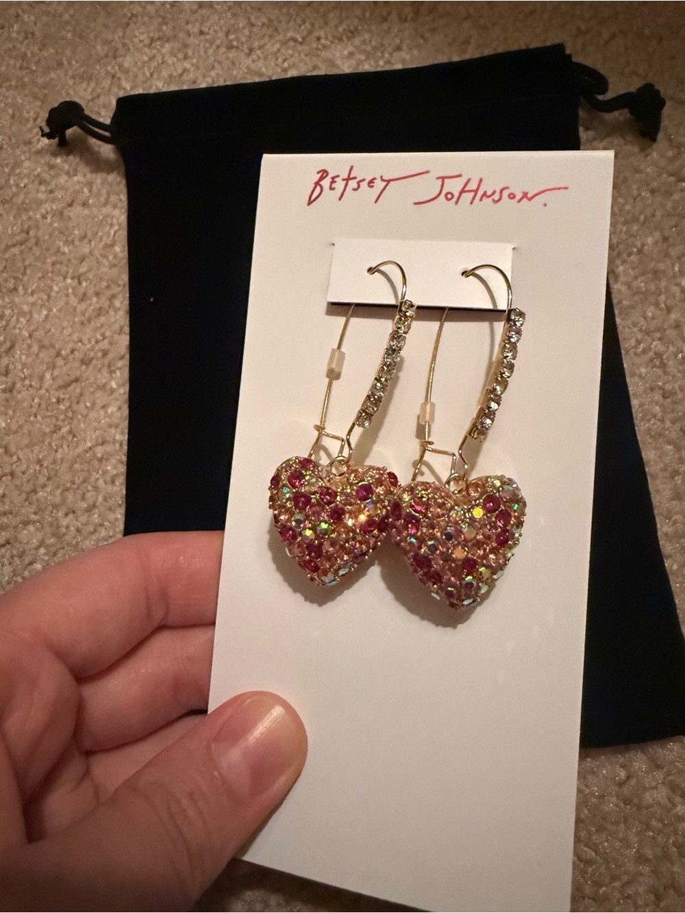 Betsey Johnson Gold Heart Drop Earrings with Pink Multi Crystals